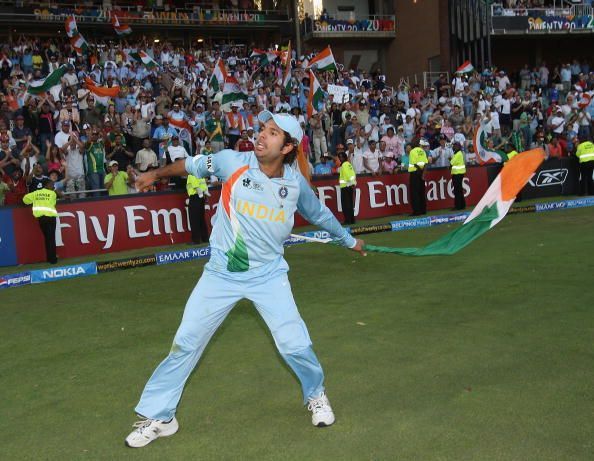 Yuvraj celebrating a World Cup victory for India - albeit in a new format - in his own style.