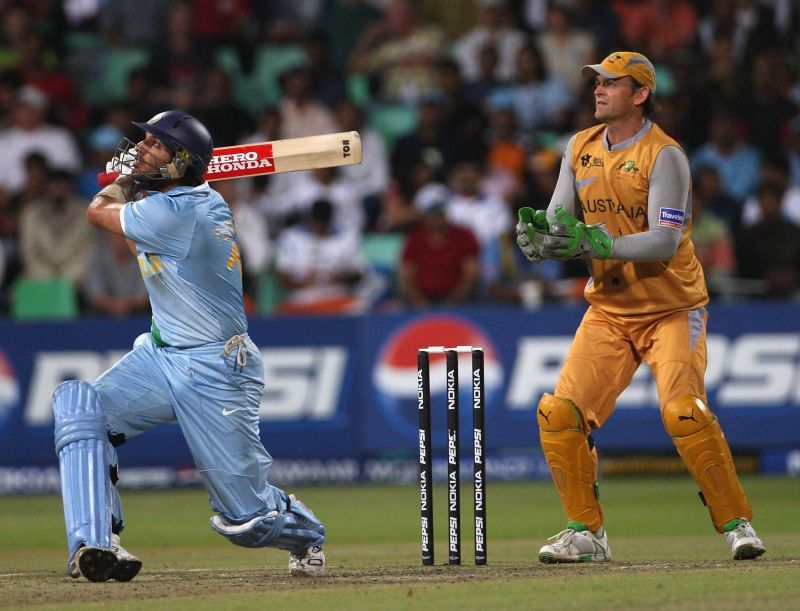 Yuvraj Singh sends the ball flying into the crowd for a 6