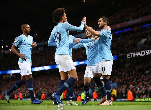 Sane, Silva and goalscorer Gundogan all celebrate during City&#039;s 3-1 home win