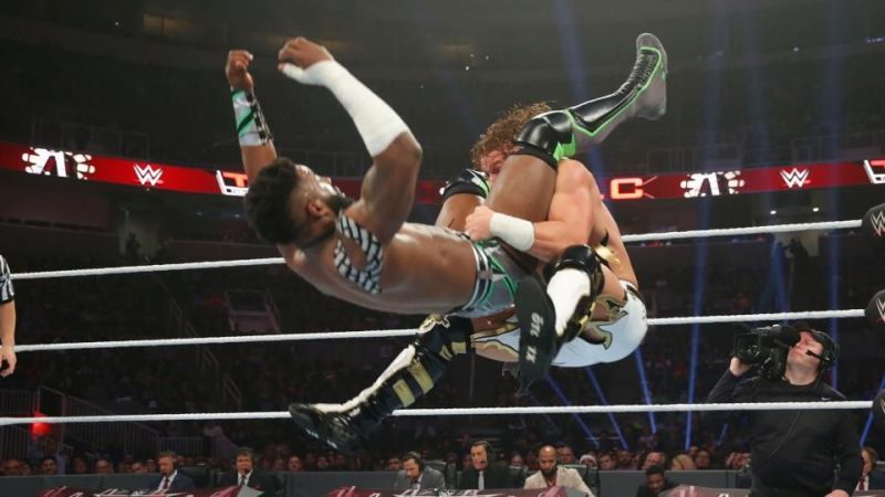 Buddy Murphy performing a powerbomb on Cedric Alexander