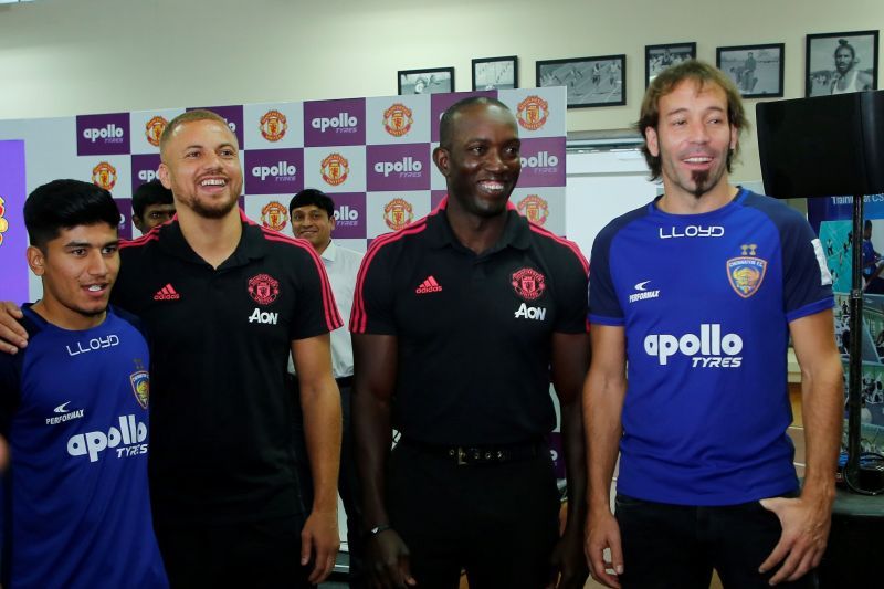 Manchester United legends Wes Brown and Dwight Yorke with Chennaiyin FC players Anirudh Thapa and Inigo Calderon in Chennai on Friday