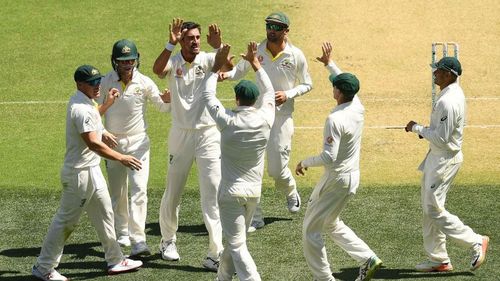 Australia celebrate Mitchell Starc's first wicket