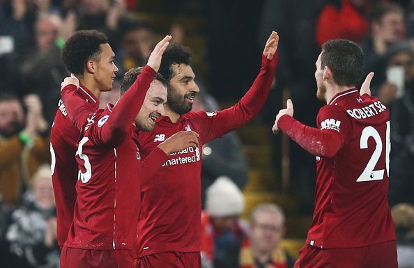 Liverpool celebrate a goal during the Newcastle game 