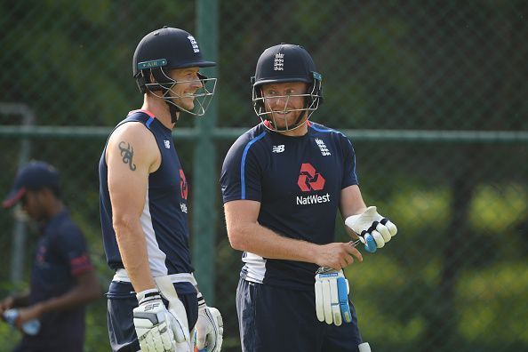 Joe Denly (left) shares a light moment