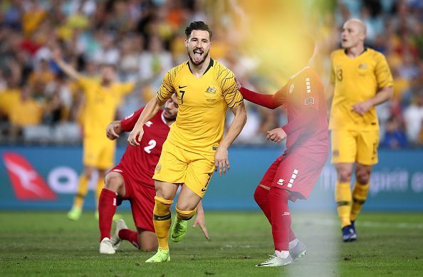 Mathew Leckie celebrating his goal against Lebanon