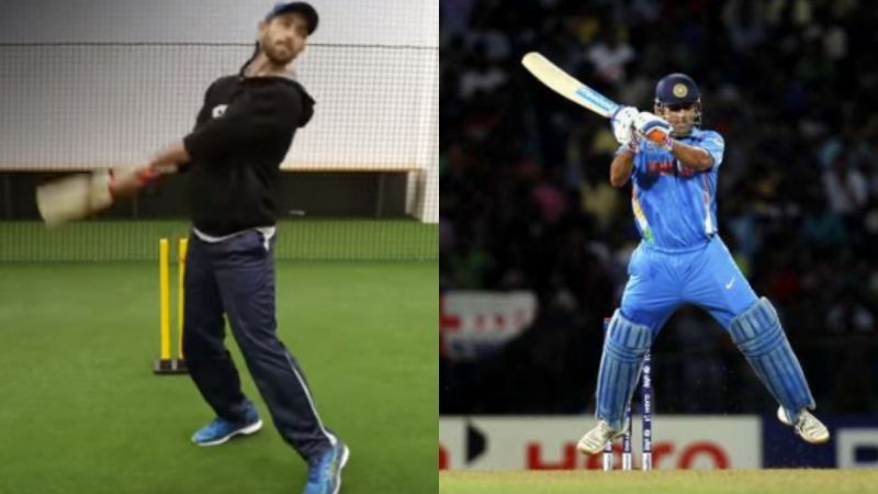 Maxwell (left) and Dhoni (right) playing the classic helicopter shot