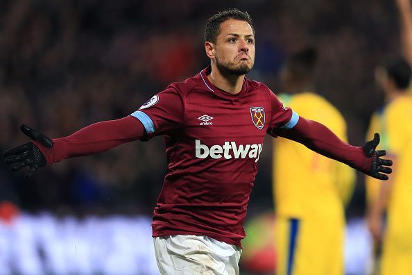 Chicharito celebrates after scoring against Crystal Palace