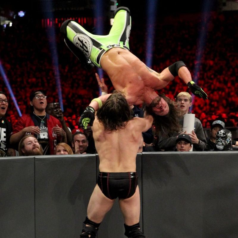 AJ Styles hit his moonsault DDT outside the ring