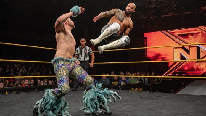 Tyler Breeze performing against Ricochet