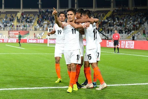 Sunil Chhetri celebrates after scoring against Thailand in their Asian Cup opener