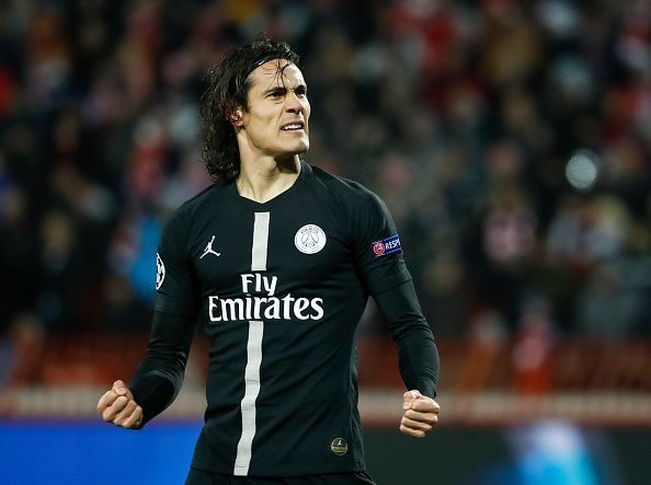 Edinson Cavani celebrates a goal against Red Star Belgrade