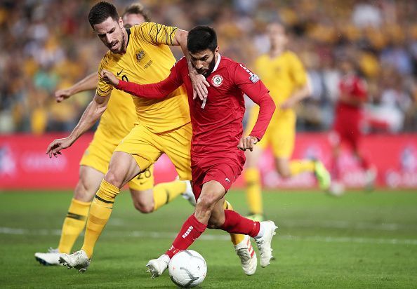 Lebanon&#039;s Hassan Maatouk in the red jersey needs to score to keep their qualification hopes alive