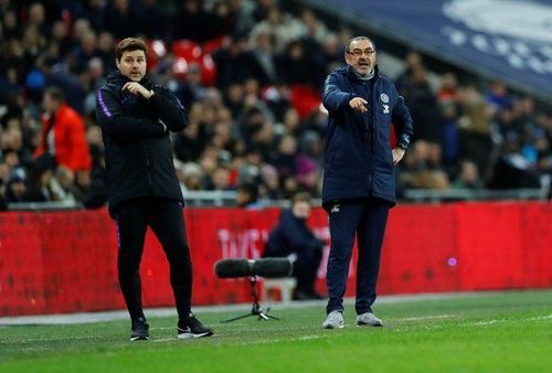 Tottenham and Chelsea managers on the touchline