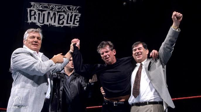 Mr. McMahon celebrates his 'Rumble victory