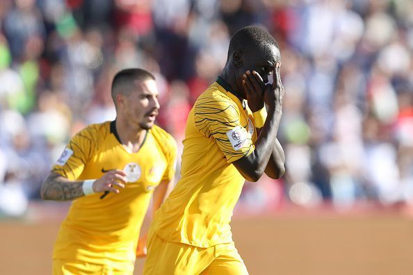 Australia&#039;s Awer Mabil with his trademark celebration after netting in the group stage