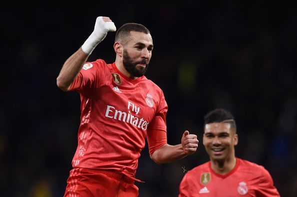 Karim Benzema celebrates his goal against Espanyol