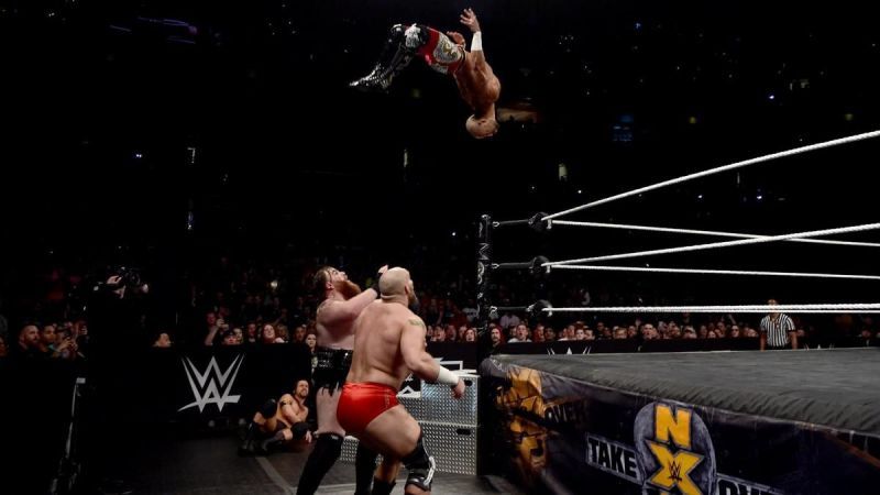 Ricochet nails a springboard shooting star plancha at Takeover: New Orleans