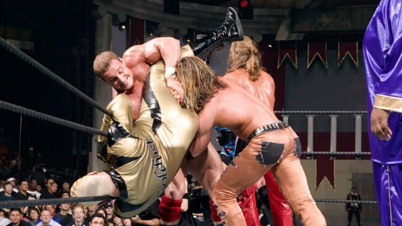 Johnny Nitro trying to eliminate Goldust from the 2006 Royal Rumble with Chris Masters