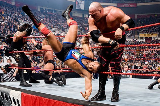 Kane eliminates Santino Marella during the Royal Rumble match in 2009