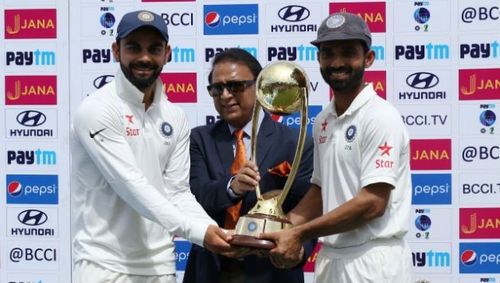 Gavaskar handed over the Border-Gavaskar Trophy to Kohli and Rahane at the end of the 2017 series