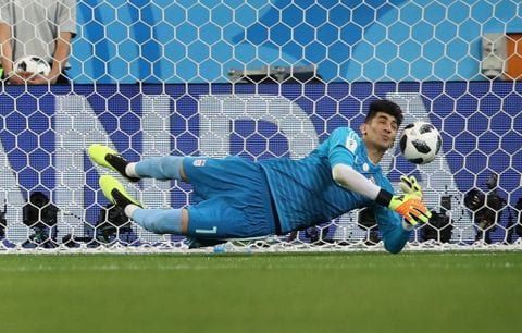Iran&#039;s goalkeeper Alireza Beiranvand saves Cristiano Ronaldo&#039;s penalty in the FIFA World Cup