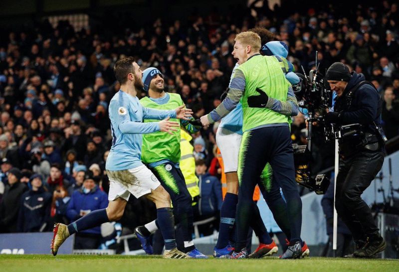 Manchester City players in celebration after Leroy Sane&#039;s goal.