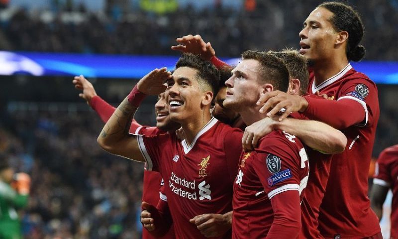 Liverpool players celebrating a goal