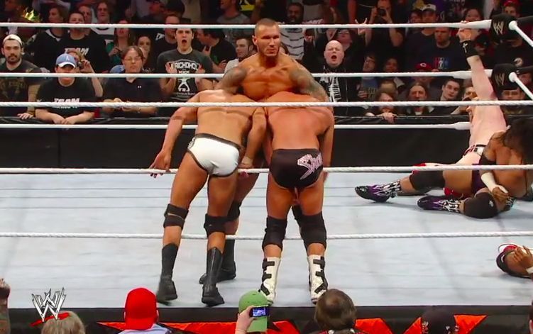 Randy Orton hits Cody Rhodes and Dolph Ziggler with a draped DDT at the 2012 Royal Rumble