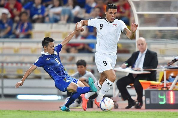 Ahmed Yasin in action for Iraq in the 2018 FIFA World Cup Qualifier against Thailand