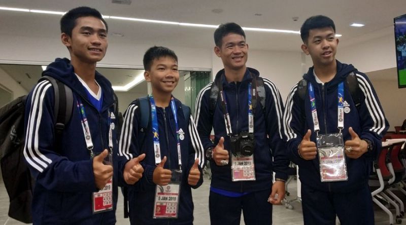 Members of the Moo Pa &acirc;€” Wild Boars &acirc;€” football team (from left) Adul Sam-on, Chanin Vibulrungruang, assistant coach Ekapol Chantawong (assistant coach) and Pornchai Kamluang at the Al Nahyan stadium in Abu Dhabi on Saturday. Image: Naveen