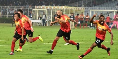 East Bengal players in action during the last 'Kolkata Derby' which they won 3-2