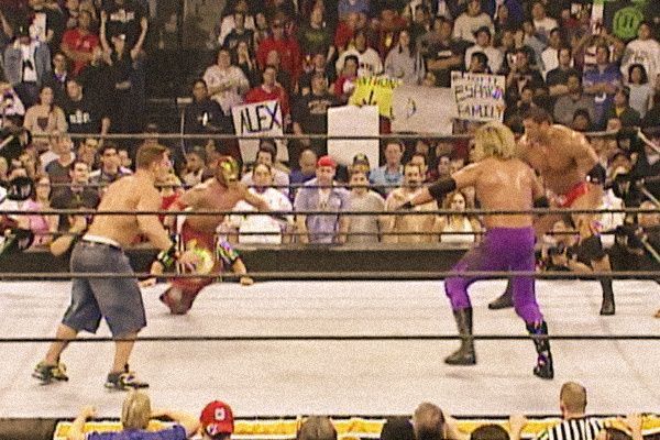 Edge in the 2005 Royal Rumble final 4 with Rey Mysterio, John Cena, and Batista