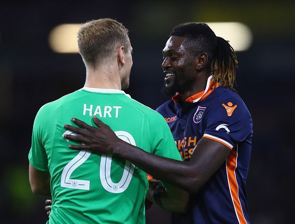 Emmanuel Adebayor (right) during Burnley v Istanbul Basaksehir - UEFA Europa League Third Round Qualifier: Second Leg