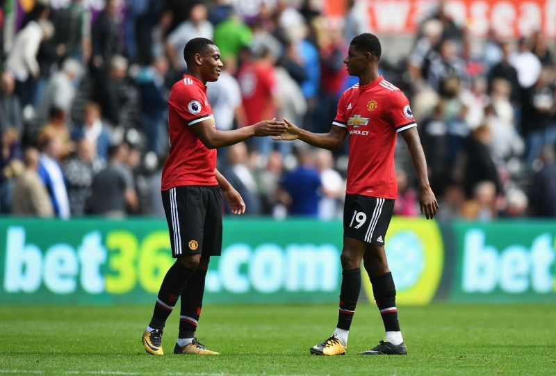 Anthony Martial and Marcus Rashford celebrate for Manchester United