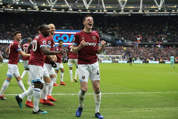 Declan Rice celebrates his first senior goal to sink a disappointing Arsenal side at the London Stadium