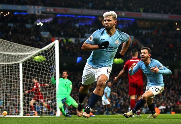 Aguero celebrates after scoring against Liverpool FC in a Premier League match