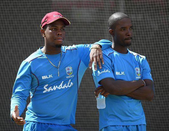 Shimron Hetmyer (left) during a nets session