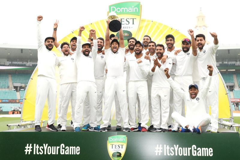 Indian team celebrates after a historic test series victory.