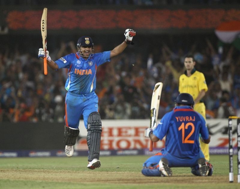 Raina and Yuvraj celebrate India's victory in the quarterfinal