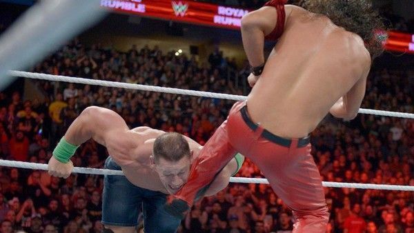 John Cena getting eliminated by Shinsuke Nakamura via Kinshasa at the 2018 Royal Rumble