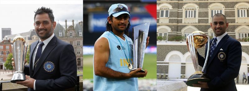 Dhoni with three trophies