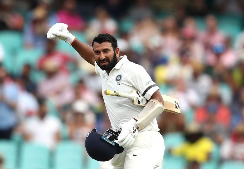 Cheteshwar Pujara after bringing up his Sydney Test ton 