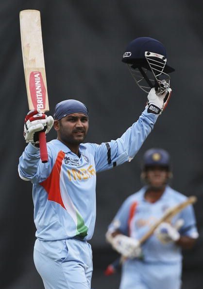 Sehwag after scoring his century against Bermuda