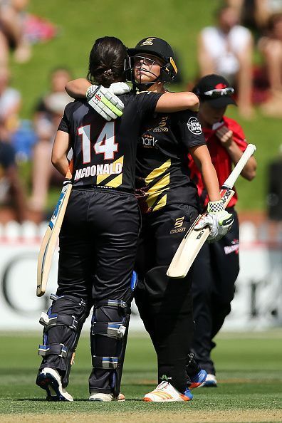 Jess Kerr and Suzie McDonald celebrate Wellington's last-ball win