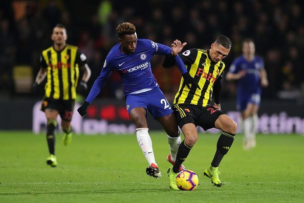 Hudson-Odoi (left) was given the chance to substitute for the injured Pedro, only to be forced out injured himself in the same game