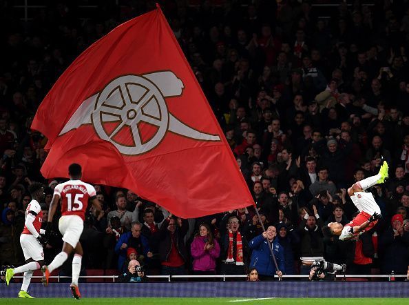 Arsenal celebrate a goal against Fulham during their start of the year EPL game.