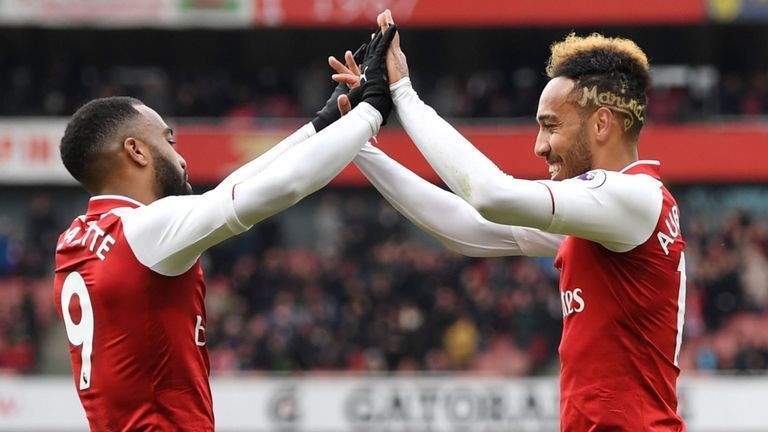 Aubameyang and Lacazette celebrate a goal together.&lt;p&gt;