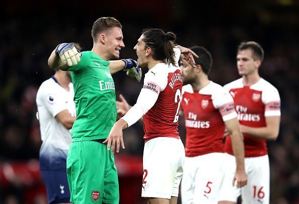 Bernd Leno with Hector Bellerin during the Tottenham game.