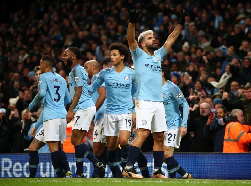 Manchester City vs Liverpool: City celebrates after Aguero opened the scoring the 40th minute
