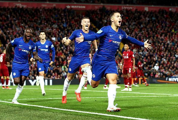 Eden Hazard celebrates after scoring against Liverpool